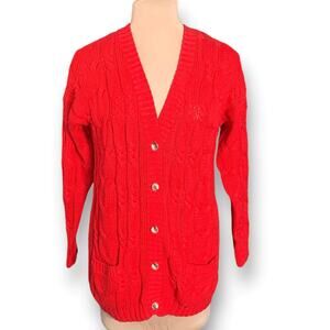Vintage Copper Key Bright Red Cable Knit Oversized Pocket Cardigan Sweater